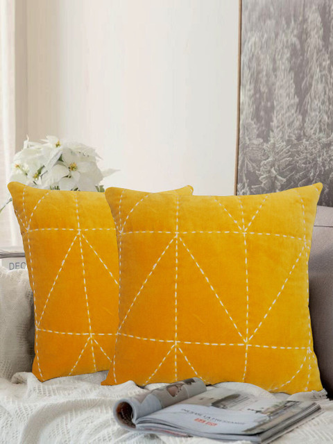 

LUXENMEAD Yellow Set of 2 Embroidered Velvet Square Cushion Covers