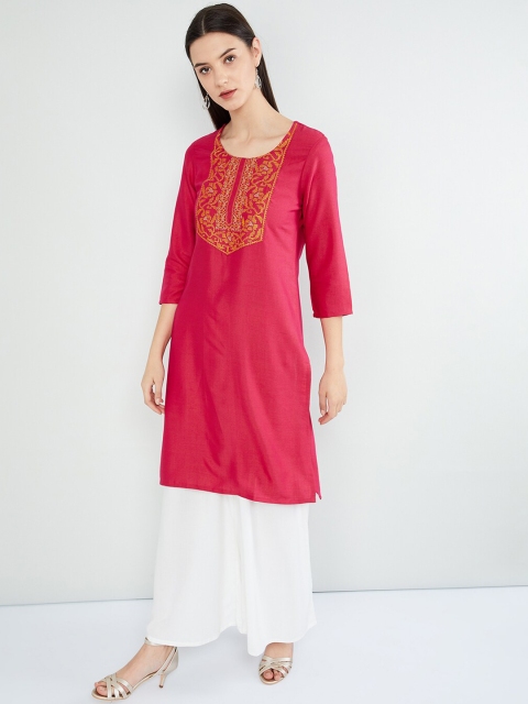 

max Women Fuchsia & Yellow Embroidered Straight Kurta