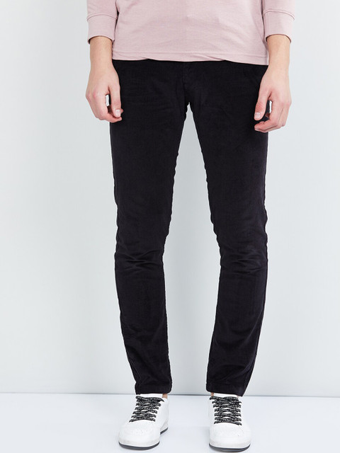 

max Men Black Solid Corduroy Regular Trousers