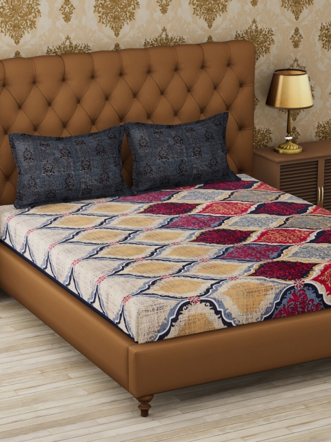 

METRO LIVING Yellow & Grey Ethnic Motifs 120 TC Cotton 1 Queen Bedsheet with 2 Pillow Covers