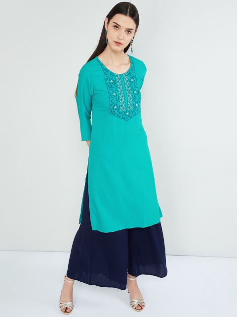 

max Women Green Embroidered Straight Kurta