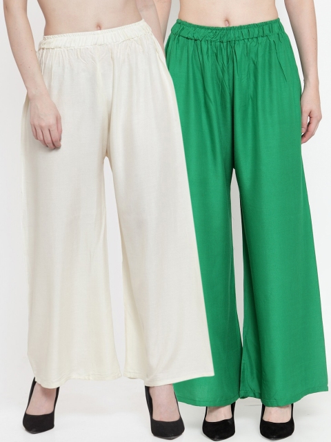 

TAG 7 Women Pack Of 2 Green & Off-White Solid Flared Palazzos