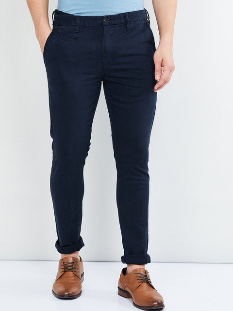 

max Men Navy Blue Regular Fit Solid Trousers