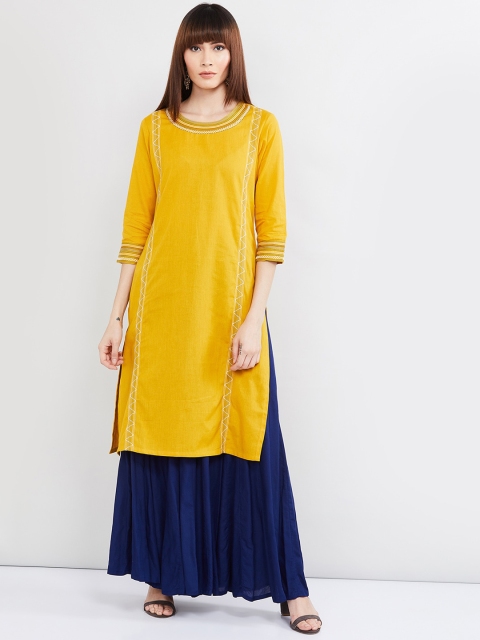 

max Women Mustard Yellow Solid Straight Kurta