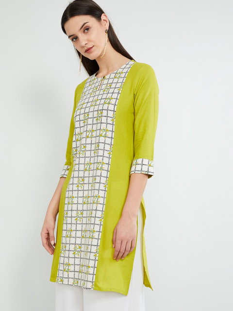 

max Women Lime Green & White Printed Straight Kurta