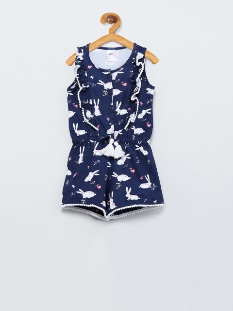

max Girls Navy Blue & White Printed Romper
