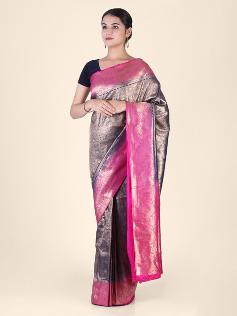 

CLAI WORLD Navy Blue & Pink Silk Blend Woven Design Arani Saree