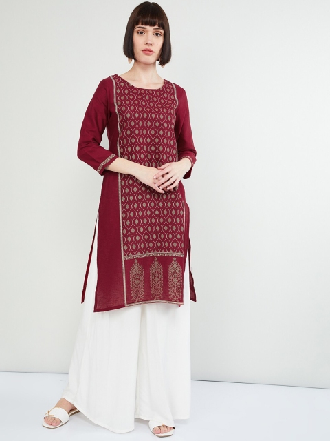 

max Women Maroon & Off-White Printed Straight Kurta