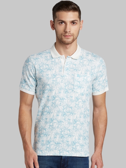 

Parx Men White & Blue Floral Printed Polo Collar T-shirt