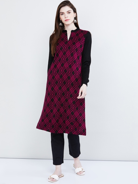 

max Women Black & Pink Woven Design Straight Kurta