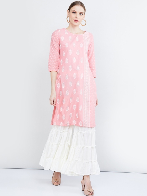 

max Women Pink & White Floral Print Straight Kurta