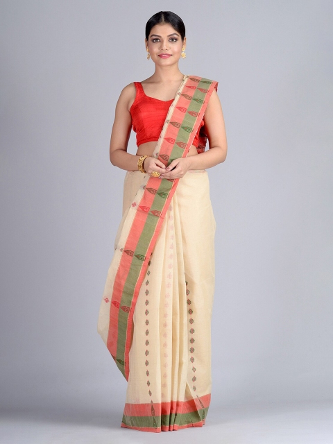 

Mitera Beige & Orange Pure Cotton Woven Design Handloom Taant Saree