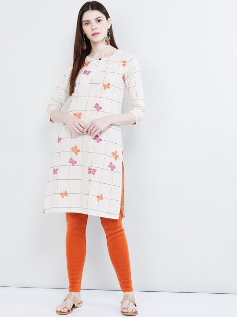 

max Women Off-White & Black Checked Straight Kurta