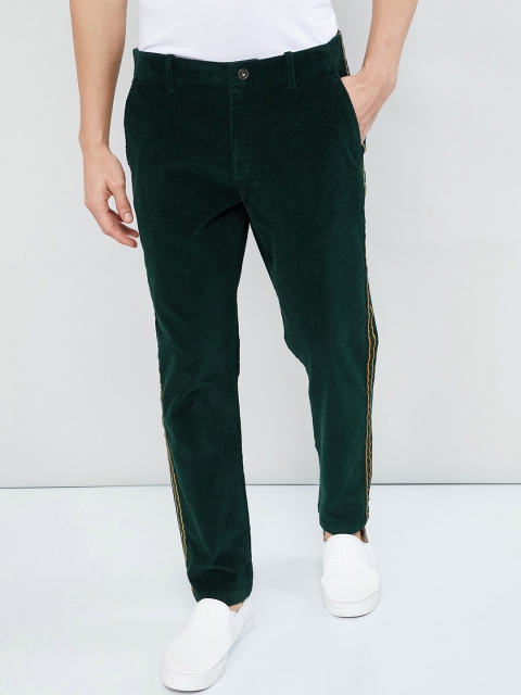 max Men Green Side Striped Corduroy Regular Trousers