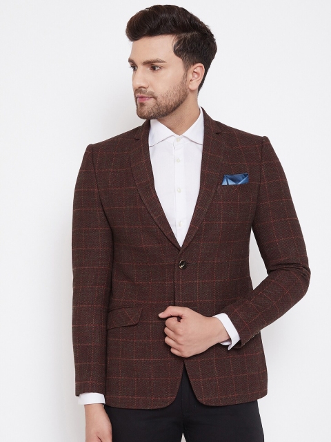

Spirit Men Coffee Brown Checked Tailored-Fit Single-Breasted Party Blazer