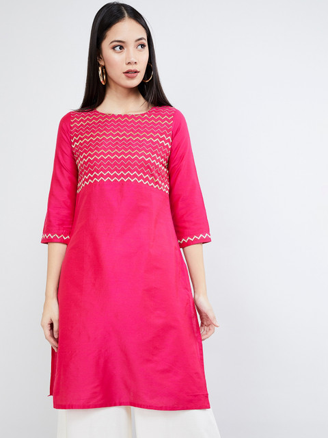 

max Women Fuchsia & White Chevron Print Straight Kurta