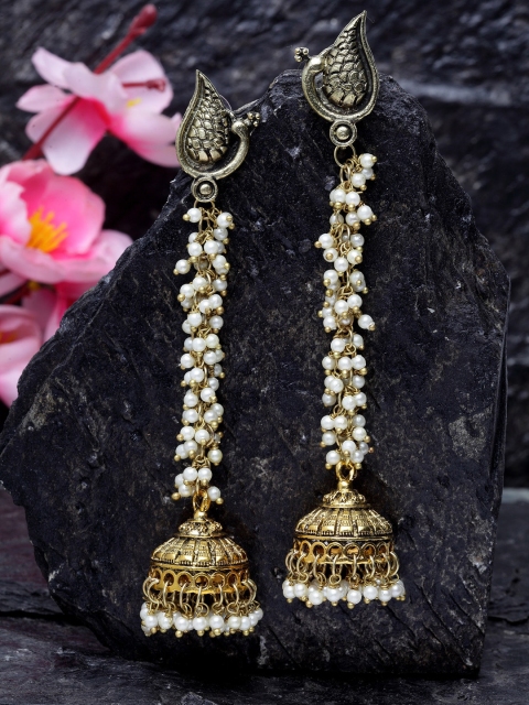 

Moedbuille Gold-Plated & White Pearls Studded Dome Shaped Jhumkas