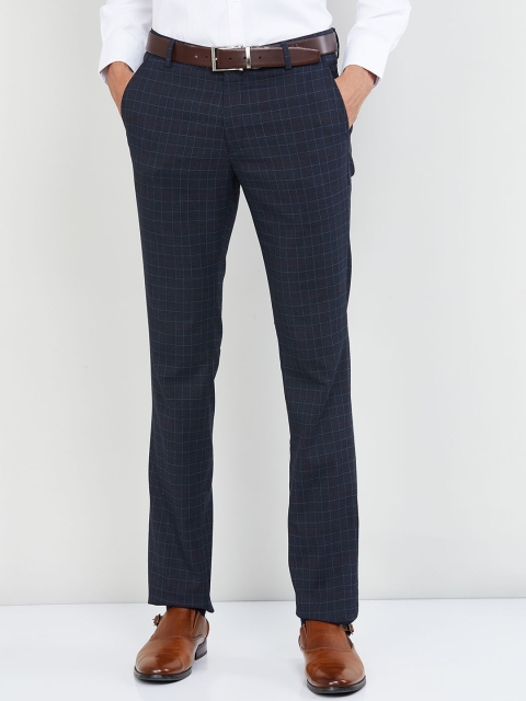 

max Men Navy Blue Regular Fit Checked Formal Trousers