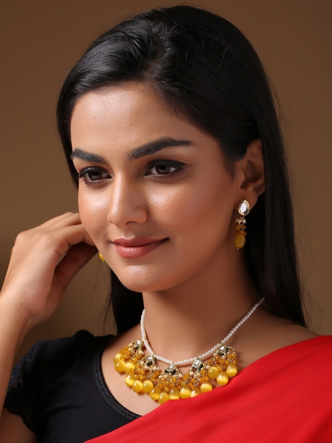 

Shoshaa Gold-Plated Yellow & White Stone-Studded Beaded Jewellery Set