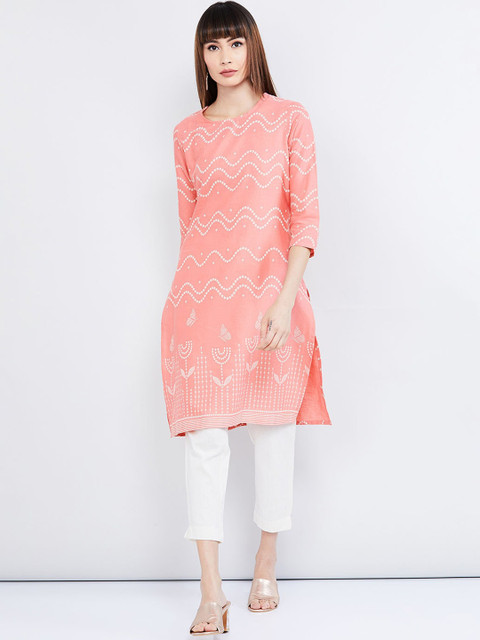 

max Women Coral & Off-White Printed Straight Kurta