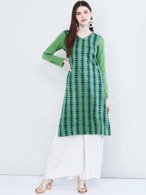 

max Women Green & Blue Printed Straight Kurta