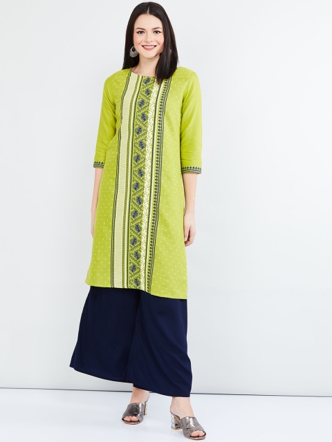 

max Women Lime Green & Navy Blue Printed Straight Kurta