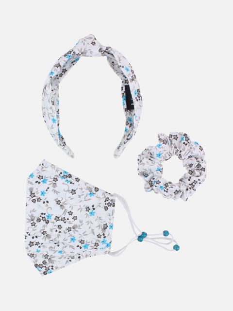 

Anekaant Women White & Blue Printed 3 Ply Reusable Cloth Mask Hairband & Scrunchie