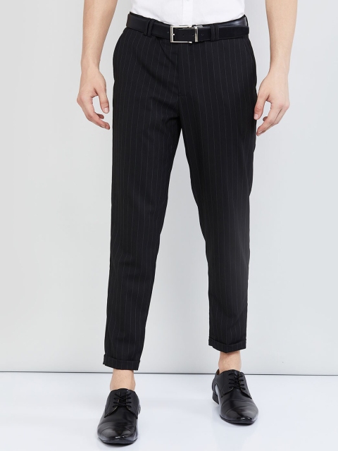 

max Men Black Striped Regular Trousers