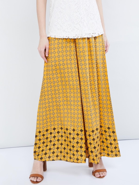 

max Women Mustard Yellow & Grey Printed Wide Leg Palazzos