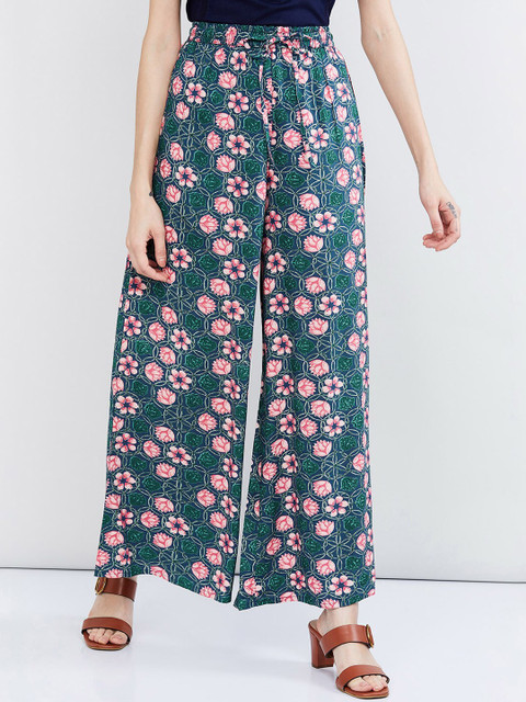 

max Women Turquoise Blue & Pink Printed Wide Leg Palazzos