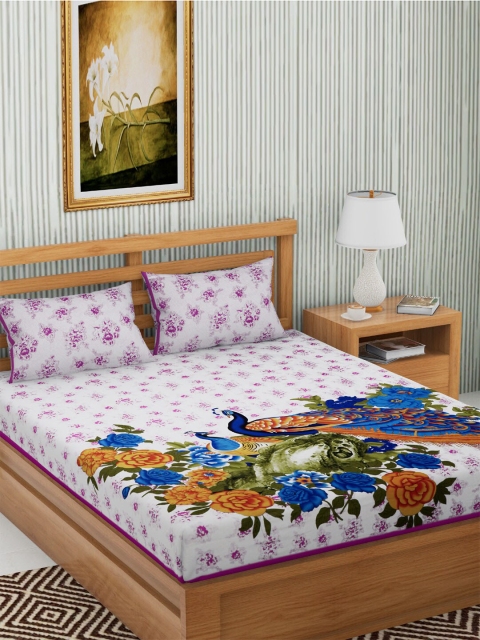 

METRO LIVING Purple & Blue Floral 144 TC Cotton 1 King Bedsheet with 2 Pillow Covers