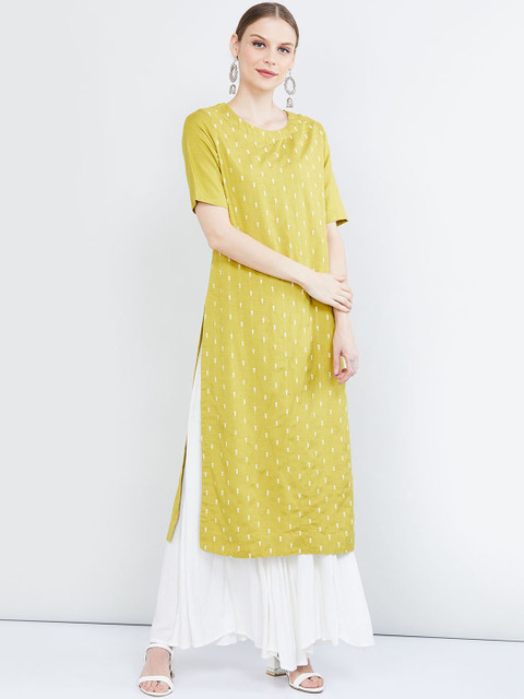 

max Women Lime Green & White Solid Straight Kurta