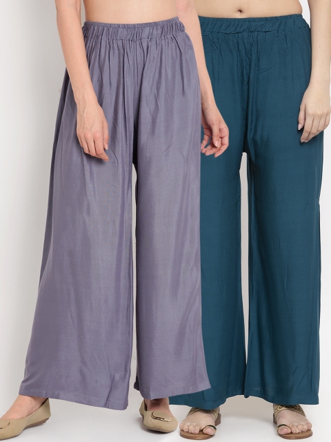 

TAG 7 Women Set Of 2 Blue & Grey Solid Straight Palazzos