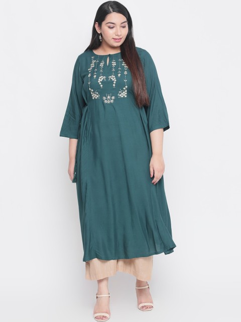 

Amydus Women Green Embroidered A-Line Kurta