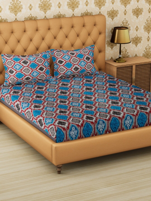 

METRO LIVING Grey & Blue Ethnic Motifs 120 TC Cotton 1 Queen Bedsheet with 2 Pillow Covers