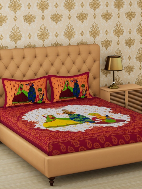 

METRO LIVING Red & Off-White Ethnic Motifs 104 TC Cotton 1 Queen Bedsheet with 2 Pillow Covers