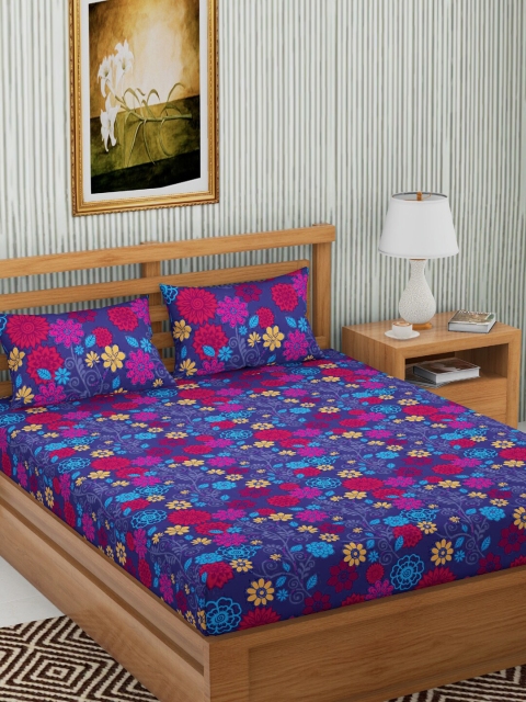 

METRO LIVING Blue & Pink Floral 120 TC Cotton 1 Queen Bedsheet with 2 Pillow Covers