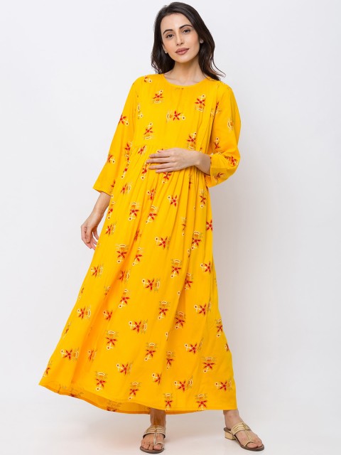 

MomToBe Women Mustard Yellow Floral Printed Maternity Maxi Nursing Dress