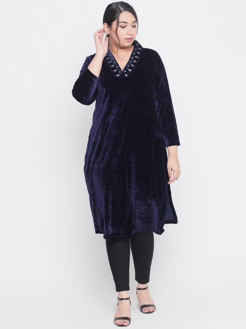 

Amydus Women Navy Blue Yoke Design Straight Velvet Kurta