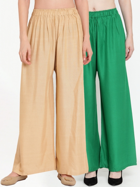 

TAG 7 Women Set Of 2 Green & Beige Solid Flared Palazzos