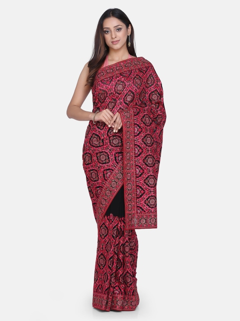 

BOMBAY SELECTIONS Black & Pink Poly Georgette Embroidered Saree