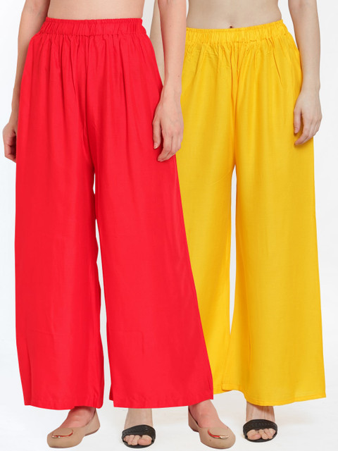 

TAG 7 Women Pack Of 2 Yellow & Red Solid Flared Palazzos