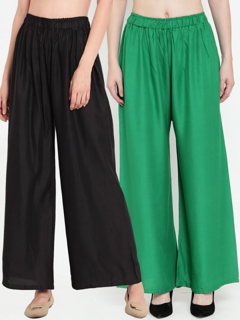 

TAG 7 Women Pack Of 2 Solid Flared Palazzos, Green