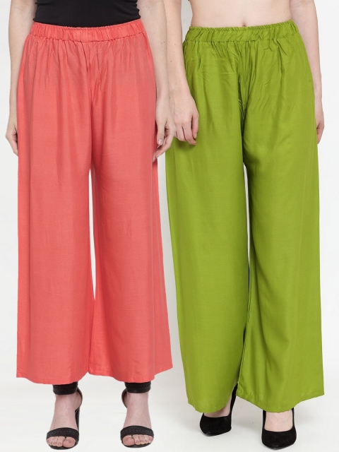 

TAG 7 Women Green & Peach Pack of 2 Solid Flared Palazzos