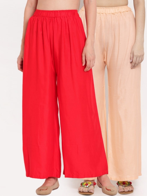 

TAG 7 Women Pack Of 2 Solid Flared Palazzos, Peach