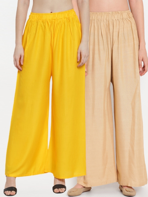 

TAG 7 Women Pack Of 2 Solid Flared Palazzos, Yellow