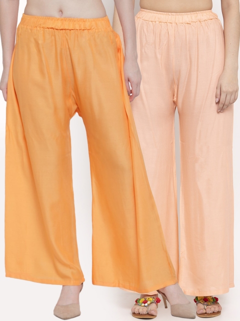 

TAG 7 Women Peach & Orange Pack of 2 Solid Flared Palazzos