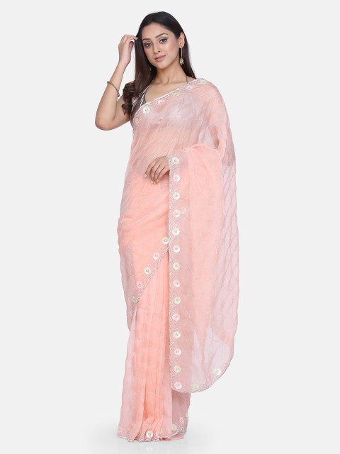 

BOMBAY SELECTIONS Peach-Coloured Organza Embroidered Dharmavaram Saree