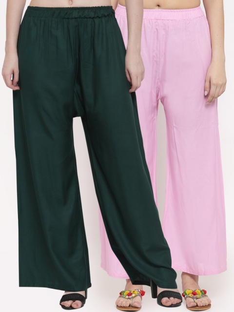 

TAG 7 Women Pack Of 2 Pink & Green Solid Flared Palazzos