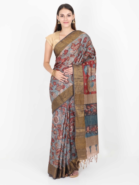 

SABOO COLLECTIONS Grey Pure Silk Printed Tussar Saree